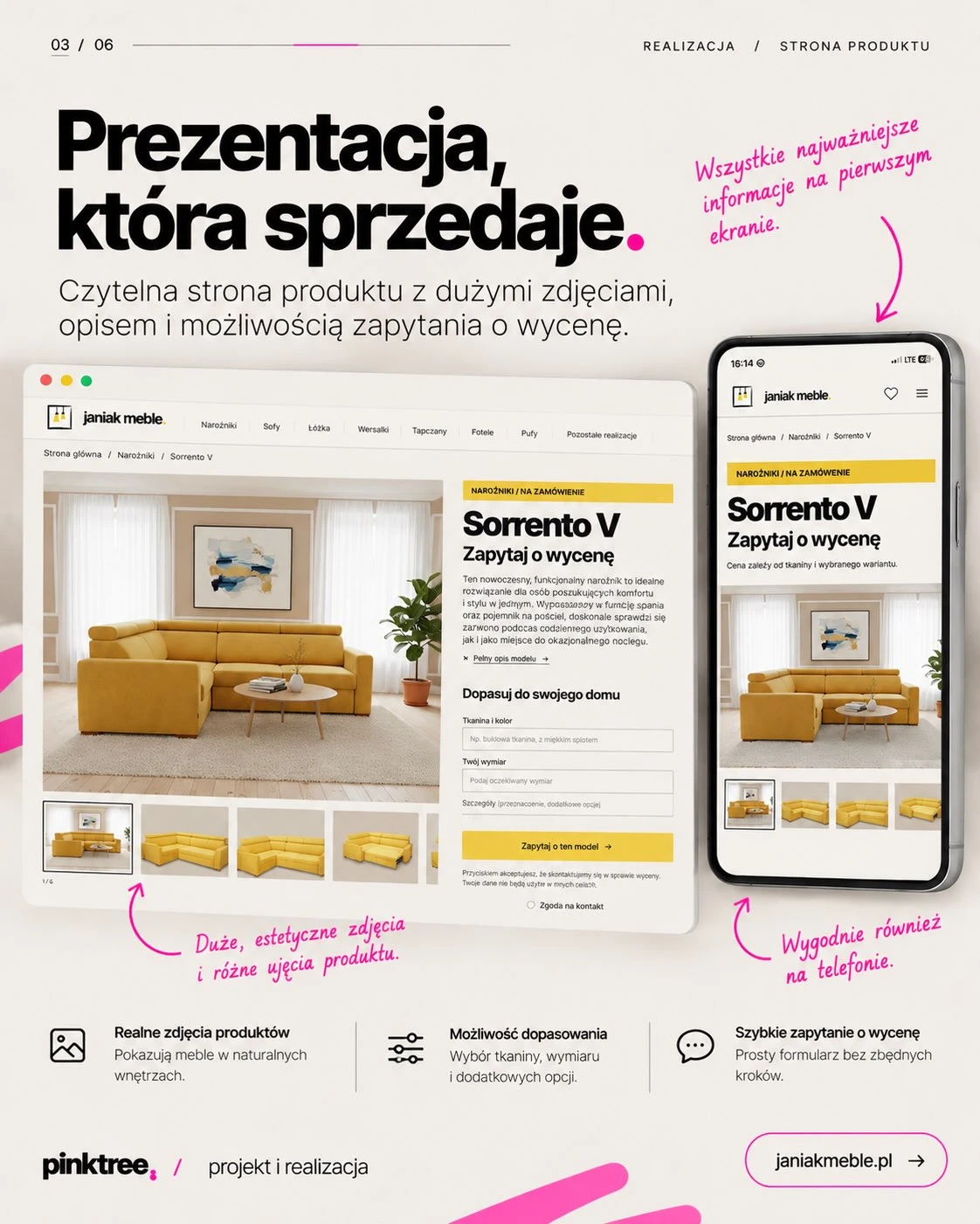 Widok karty produktu sofy na stronie internetowej, zawierający zdjęcia oraz formularz zapytania.