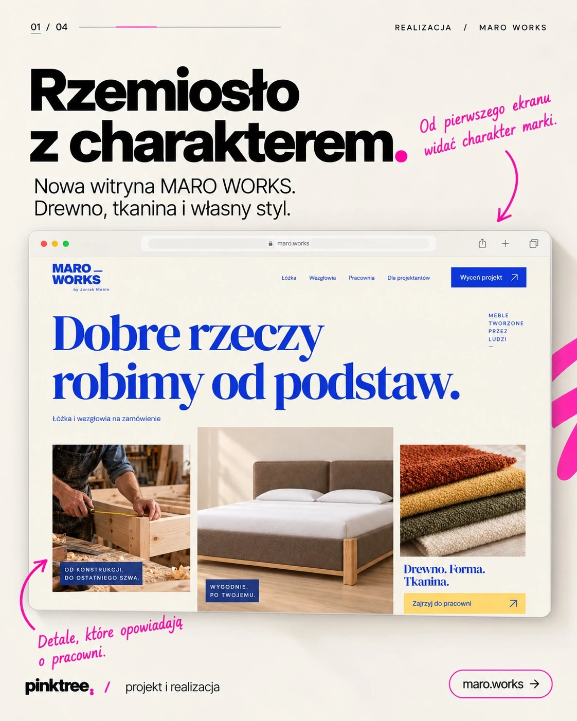 Widok strony internetowej MARO WORKS prezentujący meble i materiały.