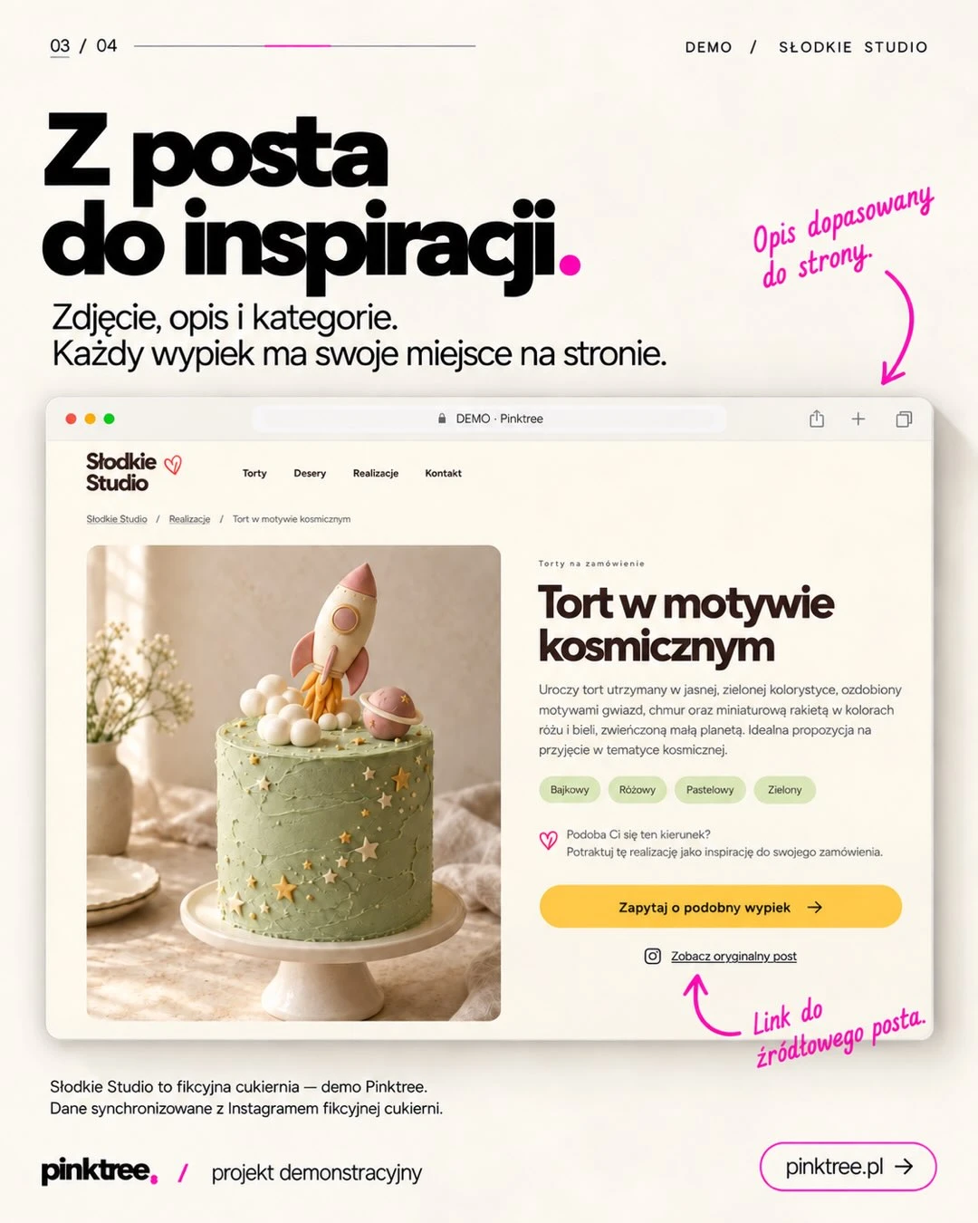 Projekt strony internetowej z sekcją galerii zdjęć ciast i deserów.