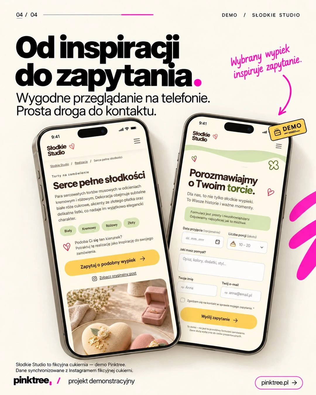 Zrzut ekranu witryny internetowej prezentującej ofertę cukierni na urządzeniach mobilnych.