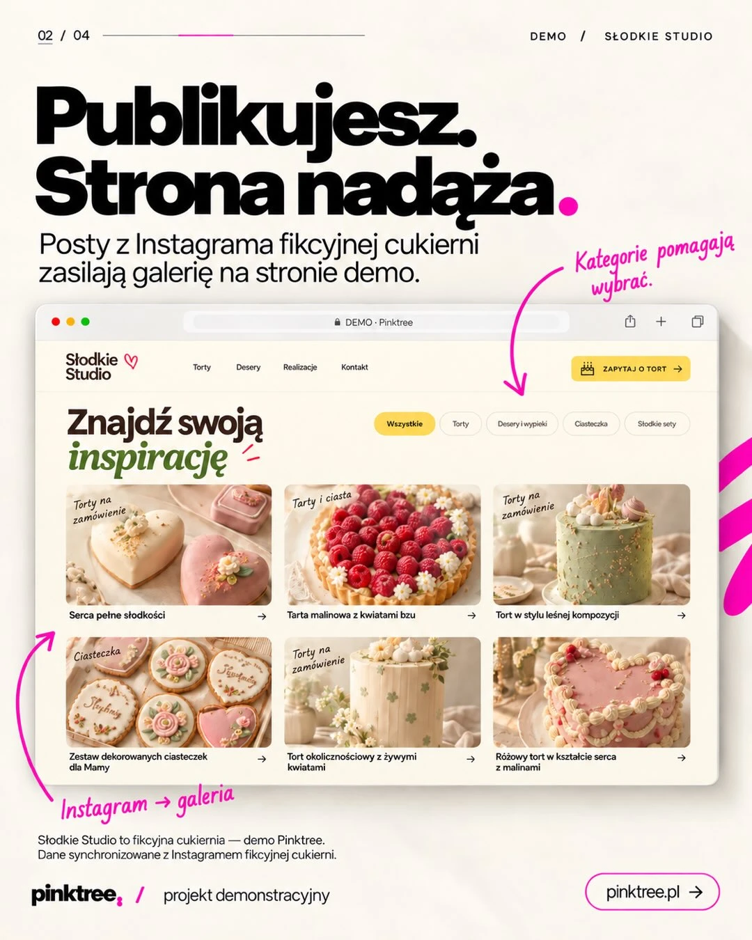 Interfejs strony internetowej w wersji mobilnej prezentujący galerię produktów i formularz kontaktu.