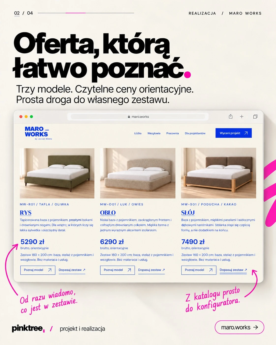 Interfejs konfiguratora produktów na stronie MARO WORKS.
