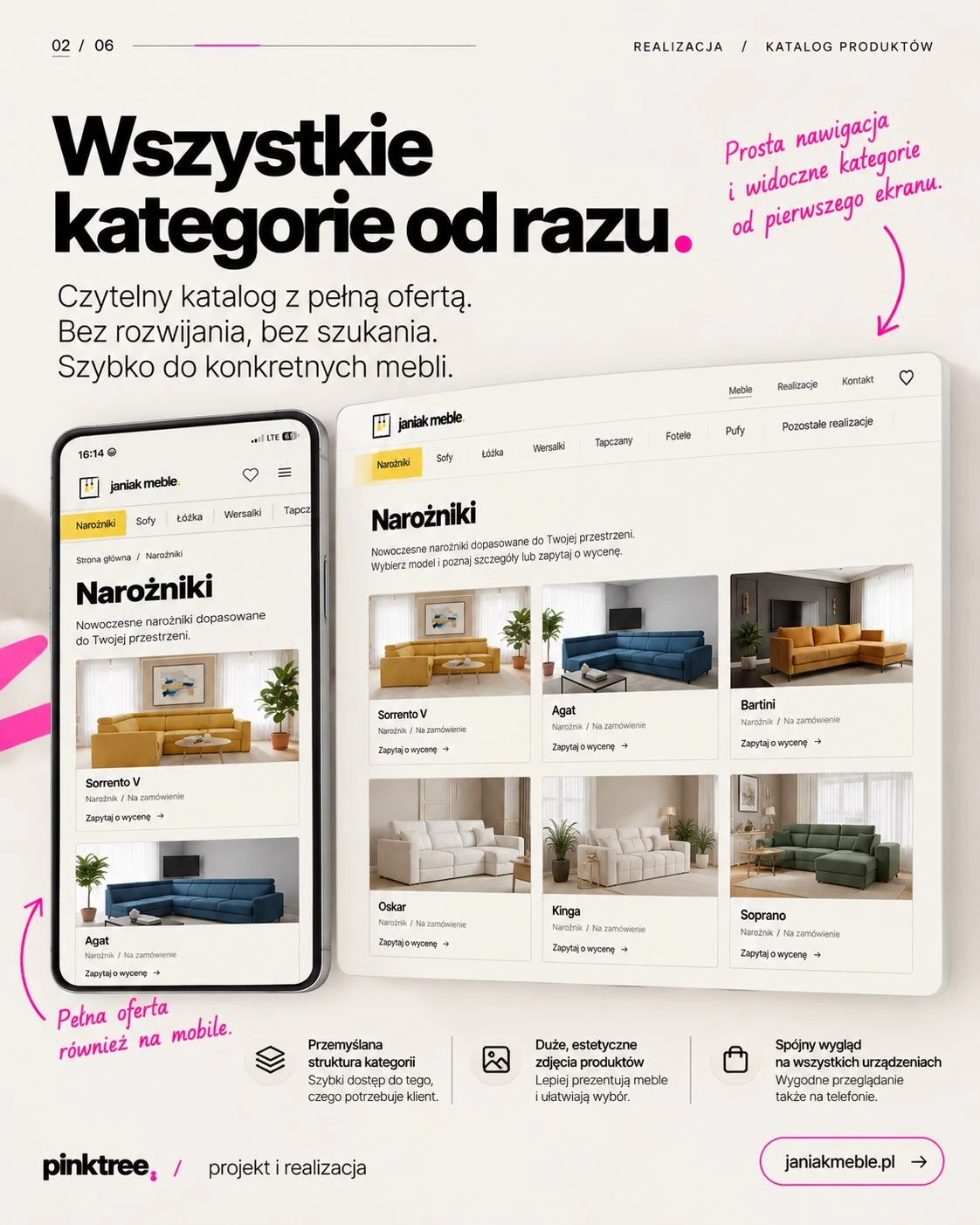 Zestawienie widoku desktopowego i mobilnego nowej strony internetowej z kategoriami mebli.