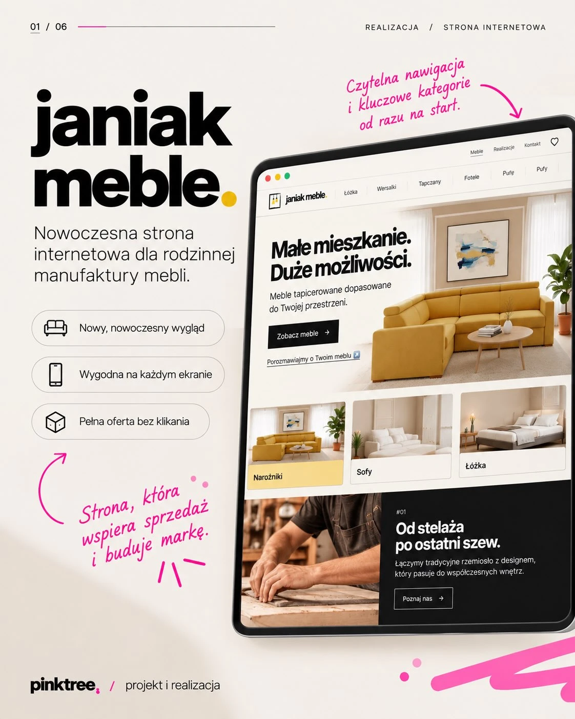 Widok strony internetowej Janiak Meble na ekranie laptopa, prezentujący menu nawigacyjne i kategorie produktów.