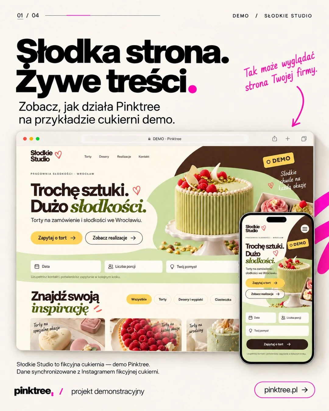 Widok strony internetowej demo dla cukierni Słodkie Studio z menu i zdjęciami wypieków.