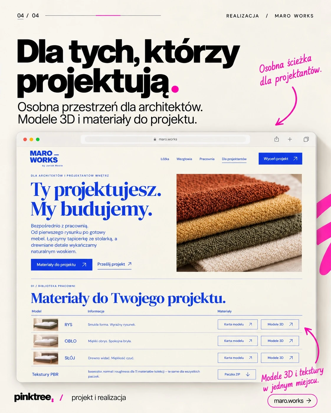 Layout strony internetowej z kobaltową typografią i zdjęciami mebli.